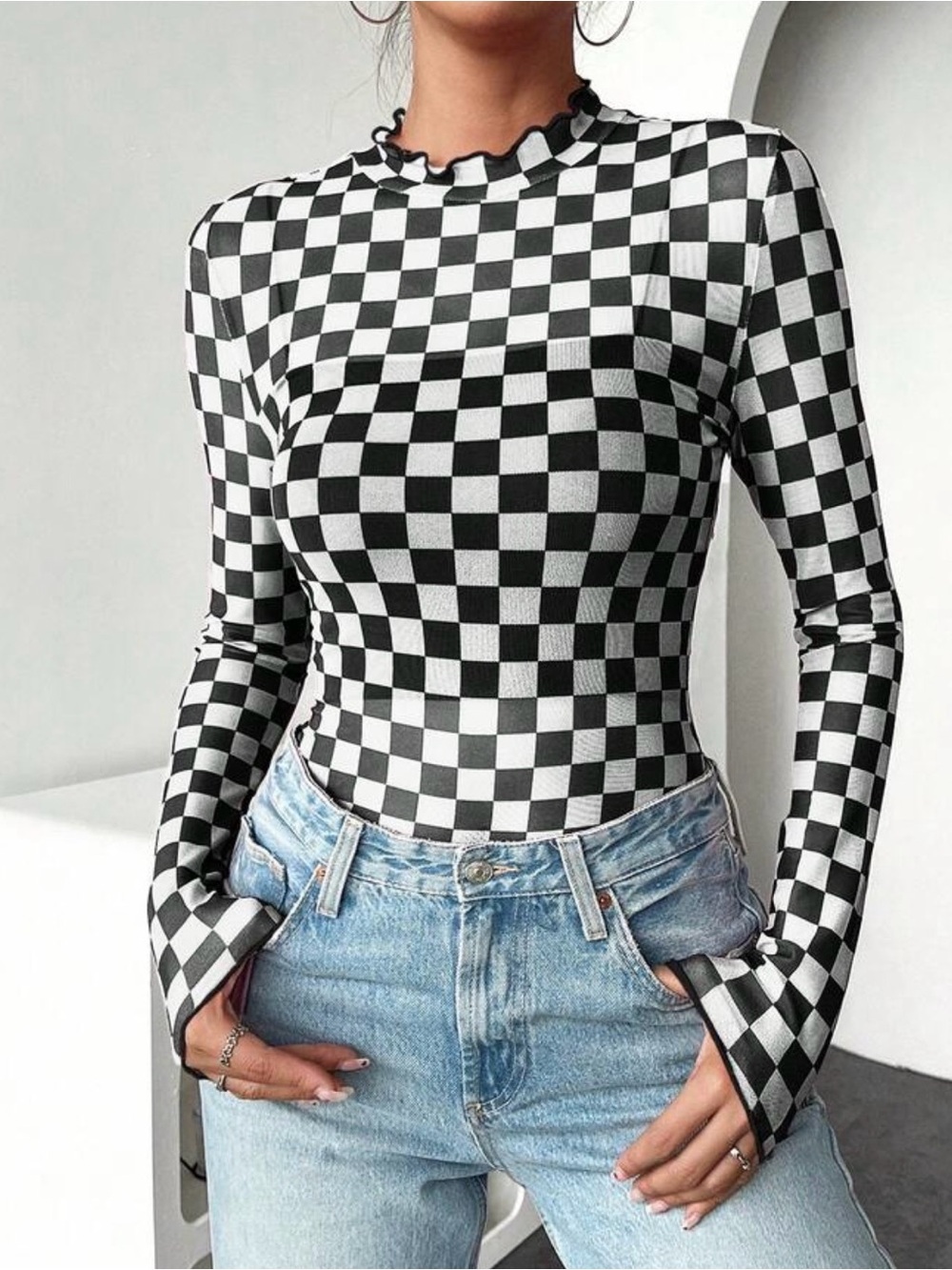 SHEIN Sheer Black & White Checkerboard Ruffle Mock Neck Long Sleeve Top